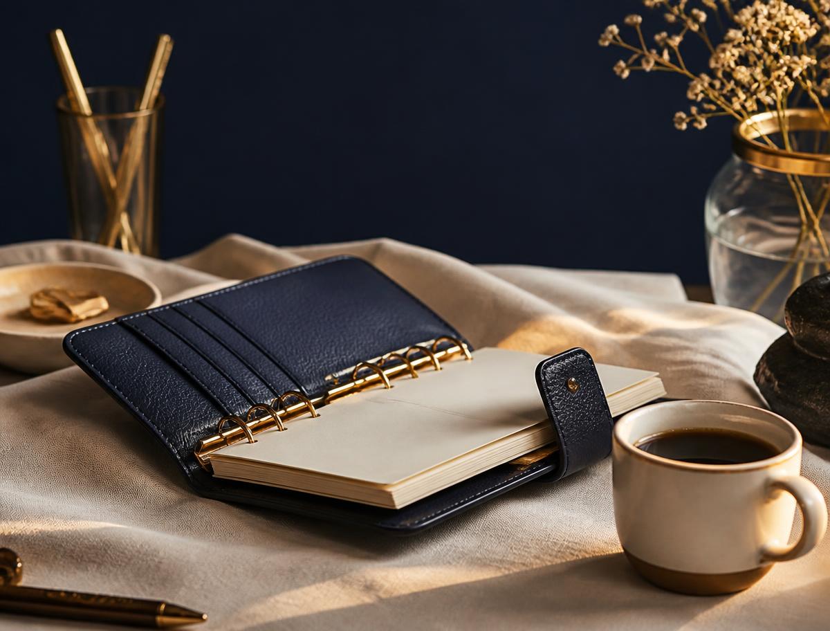 Leather planner, coffee and gold pen on linen