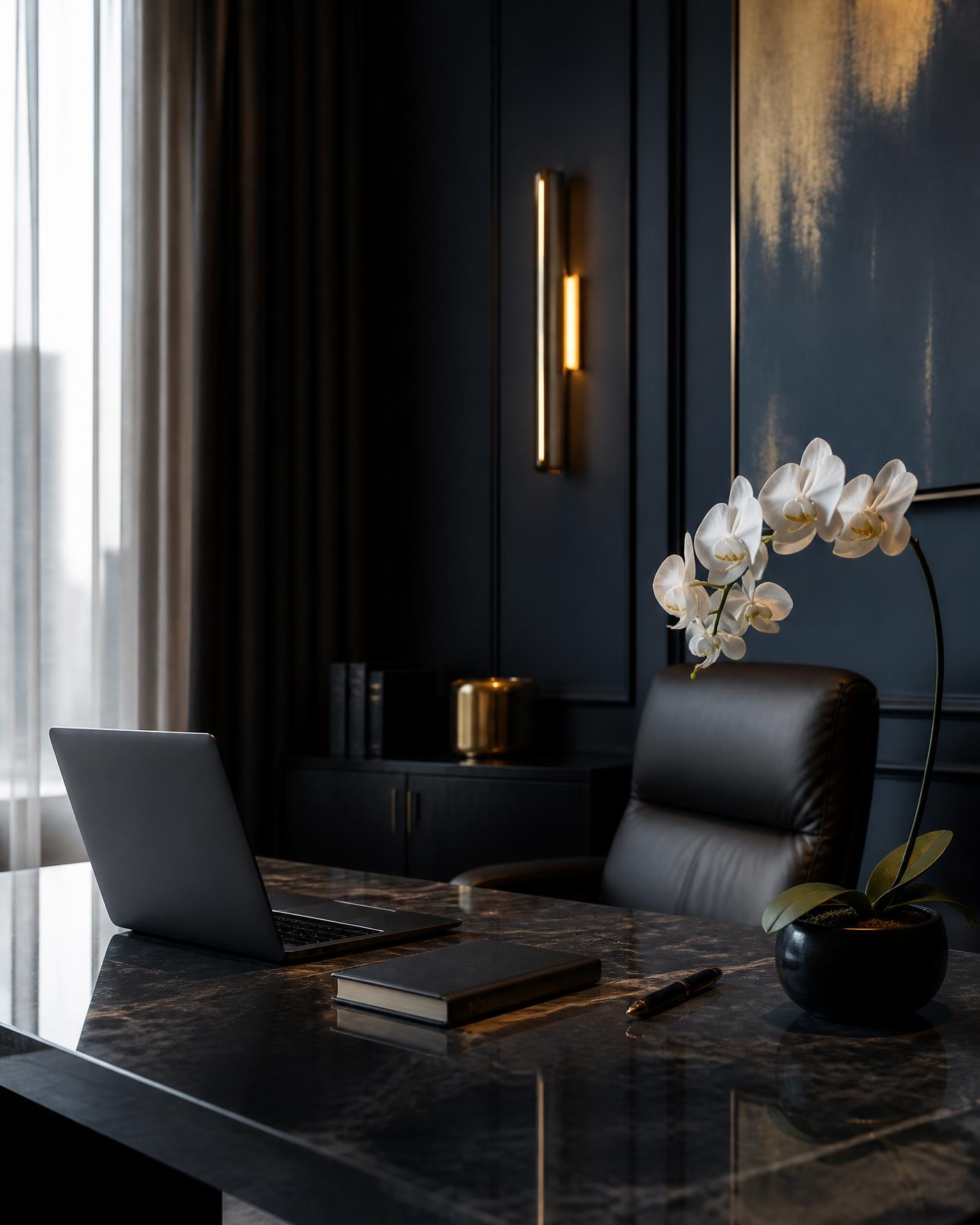 Calm, minimal executive workspace with laptop, notebook and orchid